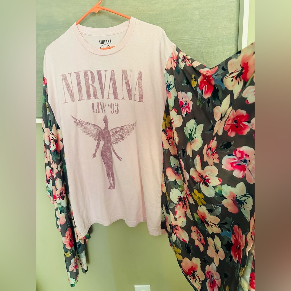 Authentic NIRVANA 1993 Pink Tee with Floral Sleeves!! One of a kind!